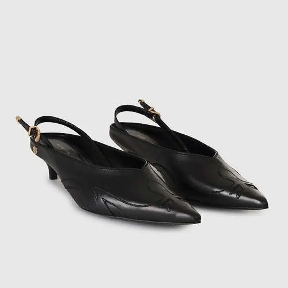 ANINE BING Rae Slingback Heels Black Leather Pointed Toe Kitten Heel EU 37 US 7